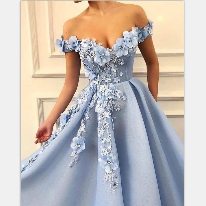 Blue Off Shoulder Flower Appliques A ...